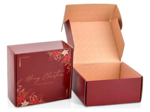 Red festive 2-sided corrugated mailer, shown open and closed